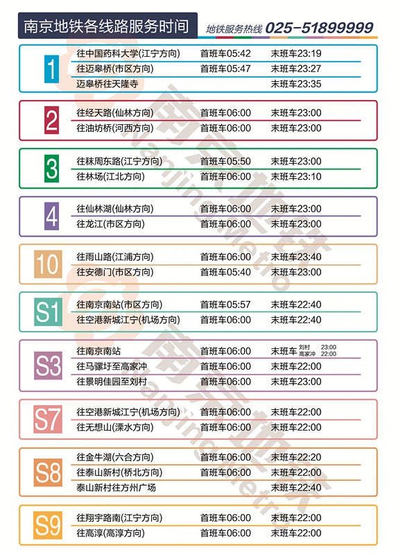 南京地鐵首末班時間一覽表